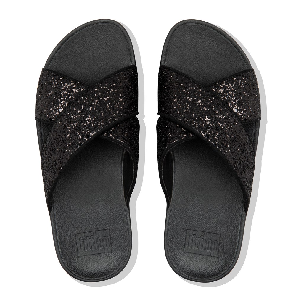 Fitflop Womens Slides Black - Lulu Glitter Cross - WB0894531